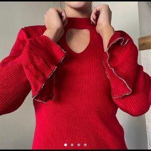 red bedazzled sleeve keyhole sweater